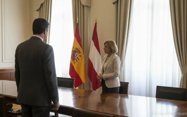 Encuentro diplomatico institucional en La Moncloa con banderas de Espana y de la oposicion bielorrusa