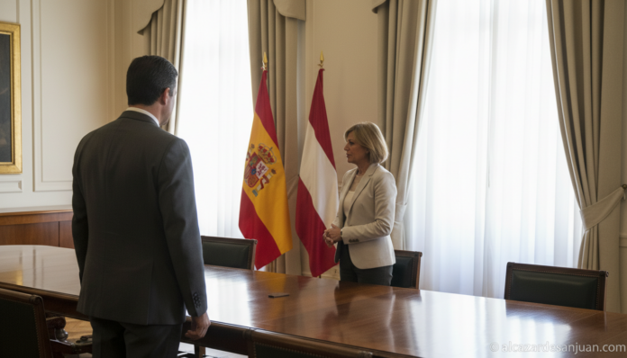 Encuentro diplomatico institucional en La Moncloa con banderas de Espana y de la oposicion bielorrusa