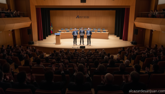 Fotografia editorial realista, color, gran auditorio tipo paraninfo universitario en Ciudad Real, Castilla-La Mancha, dura...