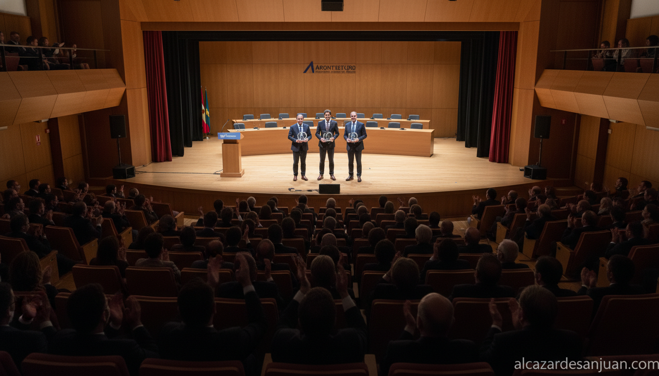 Fotografia editorial realista, color, gran auditorio tipo paraninfo universitario en Ciudad Real, Castilla-La Mancha, dura...