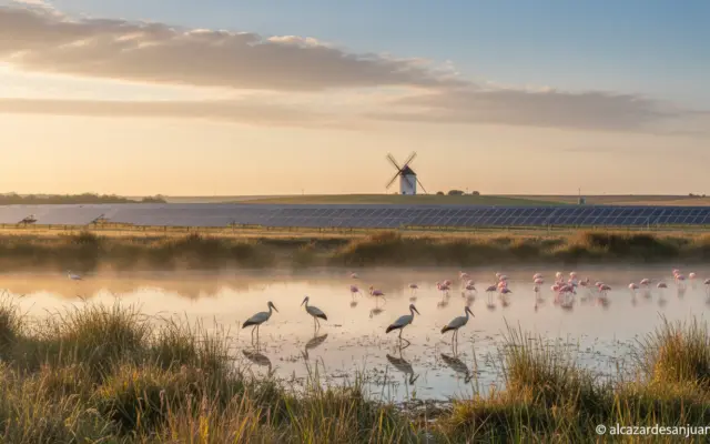 Fotografía periodística realista en horizontal de un paisaje manchego de Castilla-La Mancha al amanecer: en primer plano u...