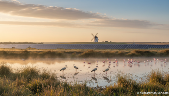 Fotografía periodística realista en horizontal de un paisaje manchego de Castilla-La Mancha al amanecer: en primer plano u...