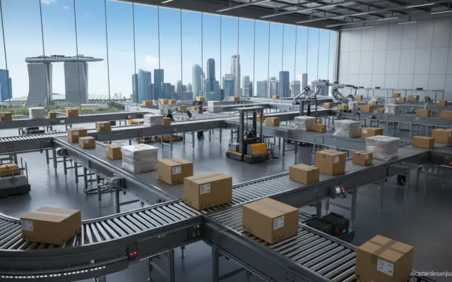 Global ecommerce logistics, shipping boxes and parcels on conveyor belt, warehouse with Singapore skyline in background, m...