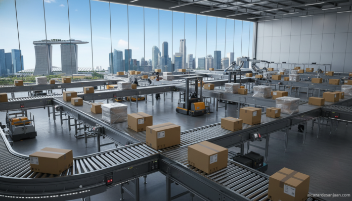 Global ecommerce logistics, shipping boxes and parcels on conveyor belt, warehouse with Singapore skyline in background, m...