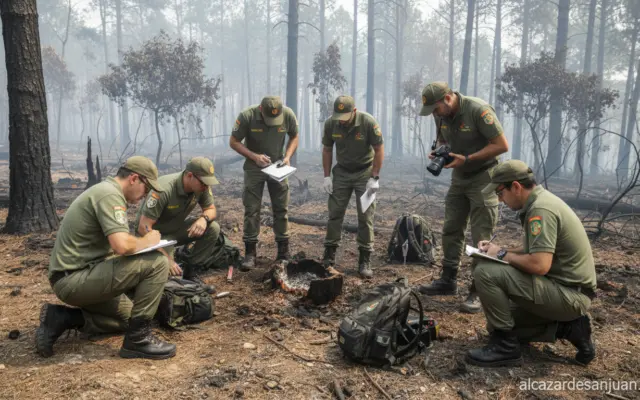 Group of environmental agents in uniform outdoors in a forest or woodland area in Castilla-La Mancha, Spain, studying evid...