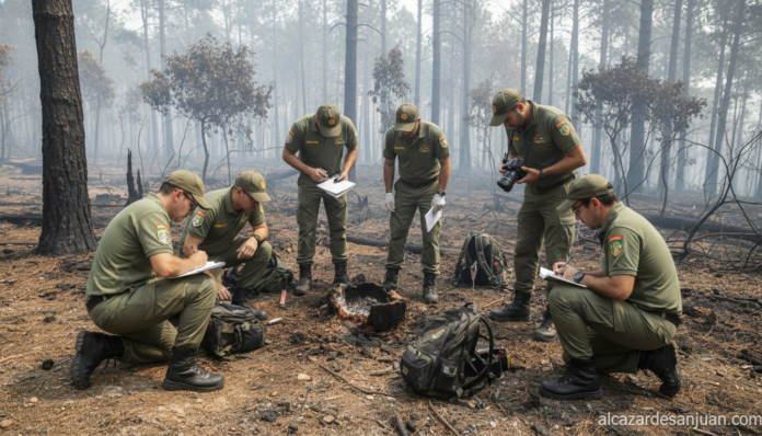 Group of environmental agents in uniform outdoors in a forest or woodland area in Castilla-La Mancha, Spain, studying evid...