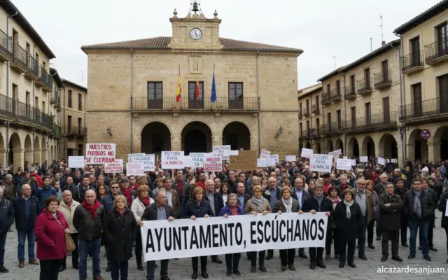 Manifestación ciudadana frente a un ayuntamiento en una ciudad de Castilla-La Mancha, personas con pancartas en la plaza m...