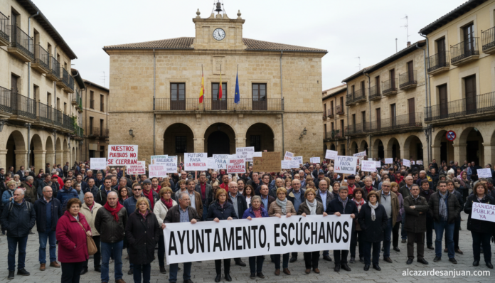 Manifestación ciudadana frente a un ayuntamiento en una ciudad de Castilla-La Mancha, personas con pancartas en la plaza m...