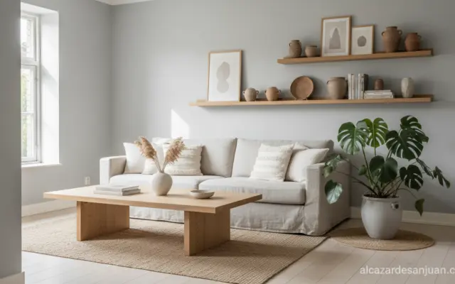 Salón nórdico con paredes en gris perla, madera clara y textiles naturales