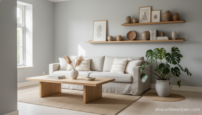 Salón nórdico con paredes en gris perla, madera clara y textiles naturales