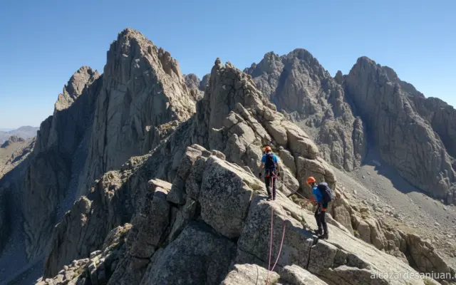 Mountain ridge hike in Sierra de Gredos, Spain, granite peaks under clear blue sky, two mountaineers with safety harness p...