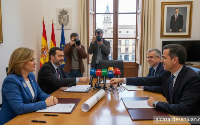 News journalism scene: regional health official and business representatives signing a collaboration agreement document, f...