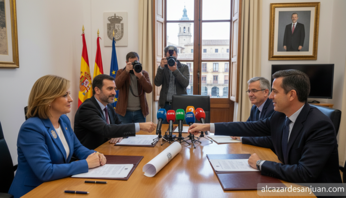 News journalism scene: regional health official and business representatives signing a collaboration agreement document, f...