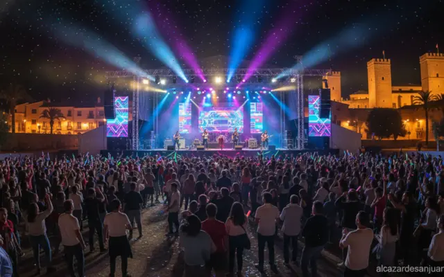 Outdoor music festival stage at night in a Spanish city, colorful stage lights, crowd enjoying a 90s concert, vibrant atmo...