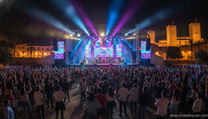 Outdoor music festival stage at night in a Spanish city, colorful stage lights, crowd enjoying a 90s concert, vibrant atmo...