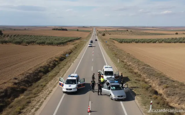 Photographic scene of emergency services responding to a road accident on a rural Spanish highway. An ambulance and police...