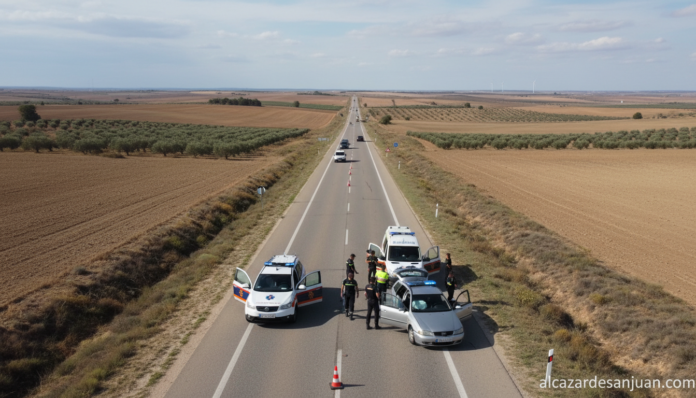 Photographic scene of emergency services responding to a road accident on a rural Spanish highway. An ambulance and police...