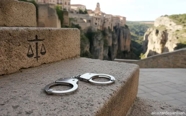 Police handcuffs on a courthouse steps in Spain, Cuenca province background, judicial justice symbol, neutral documentary ...