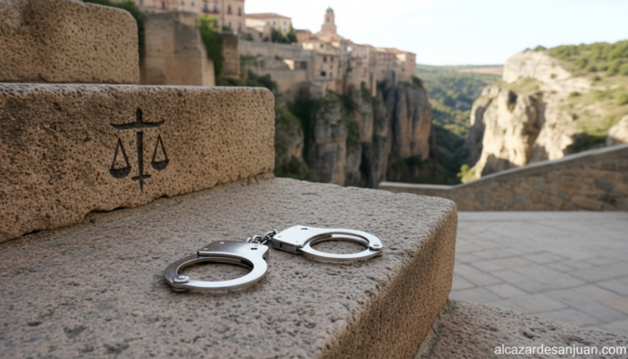 Police handcuffs on a courthouse steps in Spain, Cuenca province background, judicial justice symbol, neutral documentary ...