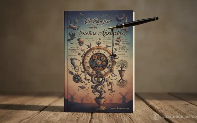 Portada editorial de un libro surrealista sobre una mesa de madera rústica manchega. Aforismos manuscritos flotando, pluma...