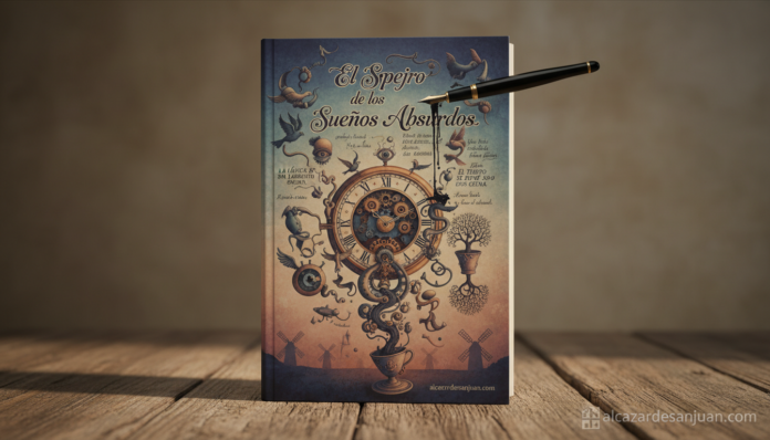 Portada editorial de un libro surrealista sobre una mesa de madera rústica manchega. Aforismos manuscritos flotando, pluma...