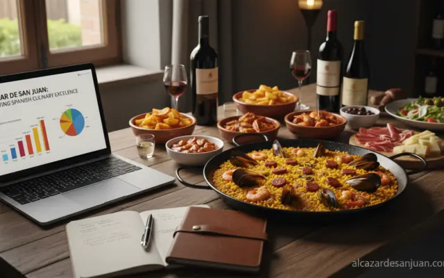 Food marketing scene: a table with gourmet Spanish food, a laptop showing a marketing presentation, and a notebook. Warm l...