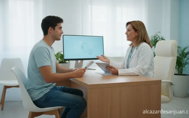 Medical awareness scene: a doctor in a white coat consulting with a young male patient in a modern clinic. Clean, calm med...