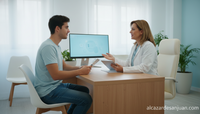 Medical awareness scene: a doctor in a white coat consulting with a young male patient in a modern clinic. Clean, calm med... Medical awareness scene: a doctor in a white coat consulting with a young male patient in a modern clinic. Clean, calm med...