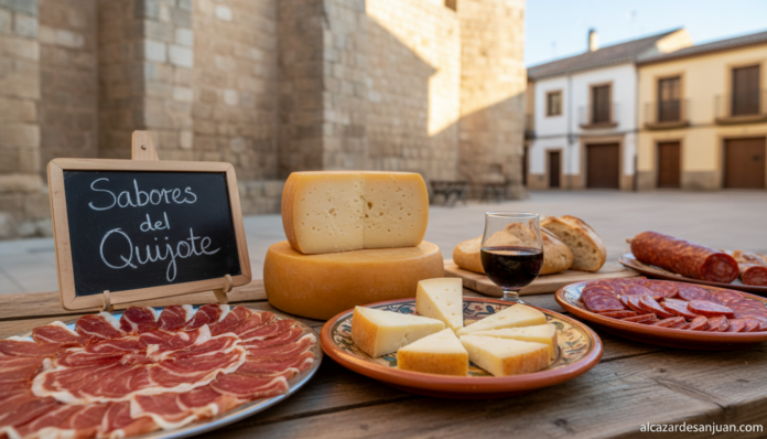 Realistic editorial photograph of a Spanish gastronomic fair stall in a Manchego town square (Piedrabuena, Castilla-La Man...