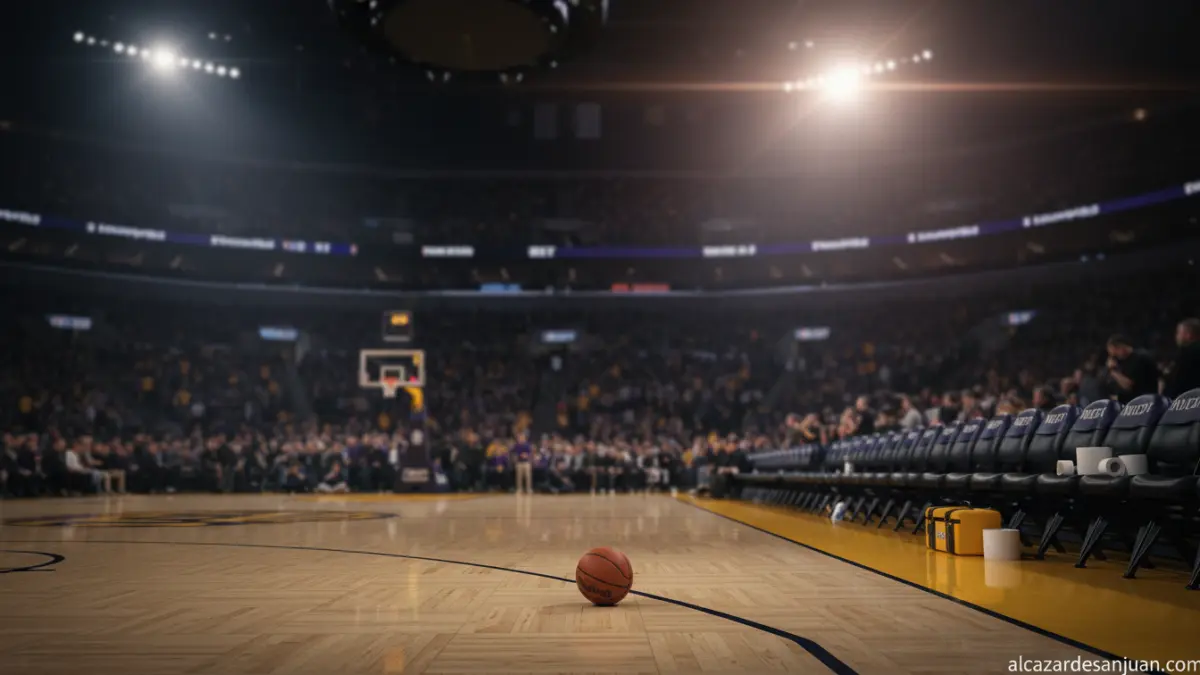 Cancha de baloncesto NBA vacia con balon junto a la linea de tiros libres y banquillo con material medico