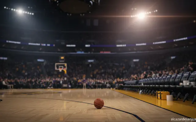 Cancha de baloncesto NBA vacia con balon junto a la linea de tiros libres y banquillo con material medico