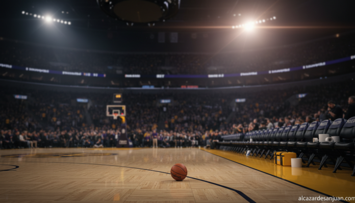 Cancha de baloncesto NBA vacia con balon junto a la linea de tiros libres y banquillo con material medico
