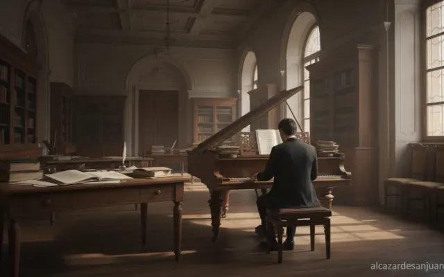 Realistic photographic scene inside a Spanish music conservatory. A composer sitting at a grand piano in a rehearsal room,...