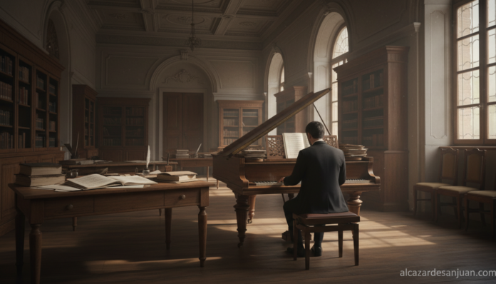 Realistic photographic scene inside a Spanish music conservatory. A composer sitting at a grand piano in a rehearsal room,...