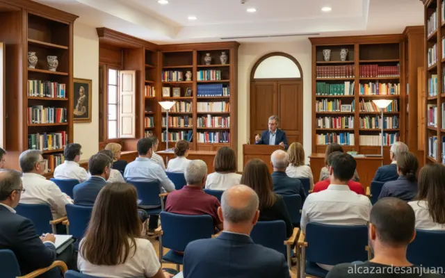 Realistic photographic scene of a literary event in a Spanish institutional setting. A diverse group of people gathered in...