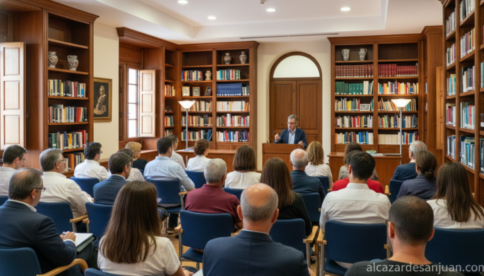 Realistic photographic scene of a literary event in a Spanish institutional setting. A diverse group of people gathered in...
