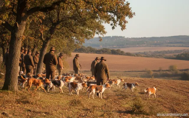 Realistic photographic scene of a traditional Spanish hunting monteria in the Castilla-La Mancha countryside. A group of h...