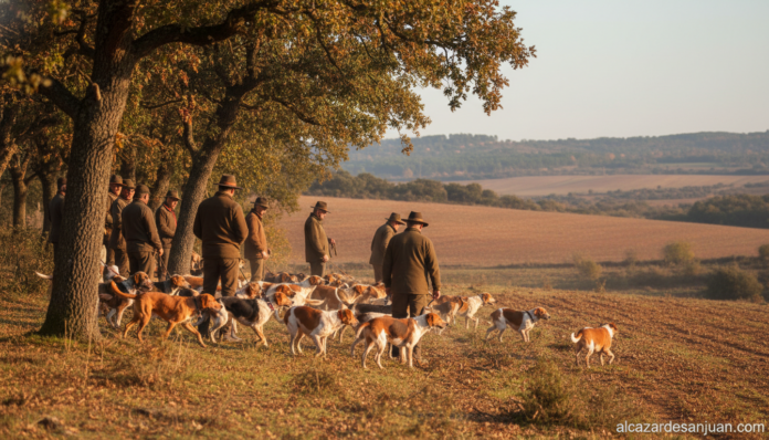 Realistic photographic scene of a traditional Spanish hunting monteria in the Castilla-La Mancha countryside. A group of h...