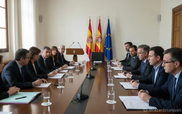 Reunion de trabajo institucional en sala oficial del Gobierno de Castilla-La Mancha sobre la ley de cambio climatico, mesa...