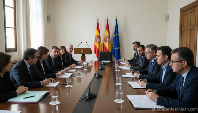 Reunion de trabajo institucional en sala oficial del Gobierno de Castilla-La Mancha sobre la ley de cambio climatico, mesa...
