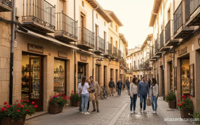 Traditional commerce street in Talavera de la Reina, Toledo, Spain, local shops and businesses, sunny day, warm atmosphere...