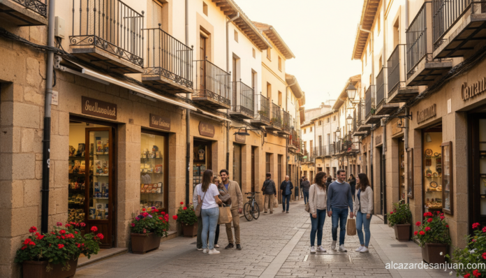Traditional commerce street in Talavera de la Reina, Toledo, Spain, local shops and businesses, sunny day, warm atmosphere...