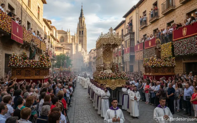 Traditional religious procession in a historic Spanish city, Corpus Christi celebration in Toledo, ornate streets with flo...