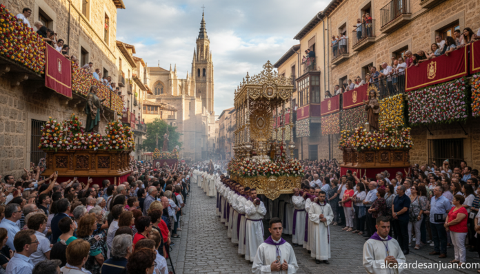 Traditional religious procession in a historic Spanish city, Corpus Christi celebration in Toledo, ornate streets with flo...