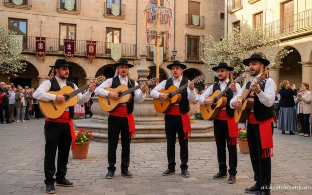 Traditional Spanish folk musicians 'ronderos' in regional costumes playing guitars and bandurrias in a historic plaza in G...