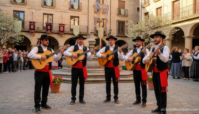 Traditional Spanish folk musicians 'ronderos' in regional costumes playing guitars and bandurrias in a historic plaza in G...