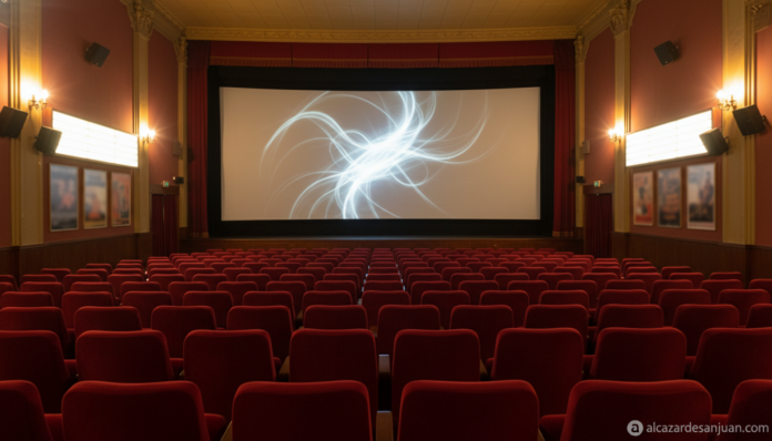Una sala de cine clásica con butacas tapizadas en rojo vacías y la pantalla iluminada al fondo proyectando una imagen abst...