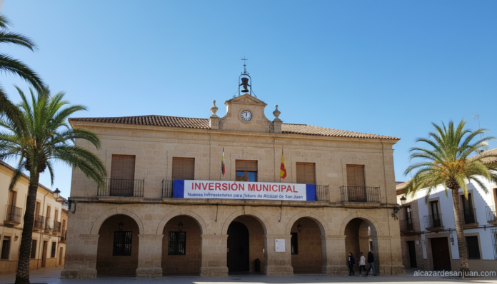Wide-angle shot of a small-town Spanish town hall (ayuntamiento) facade with a clear blue sky and a banner announcing muni...