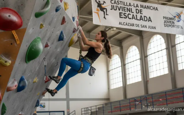 Young female rock climber scaling an indoor climbing wall, Spanish sports hall, athletic gear, focused expression, style. ...