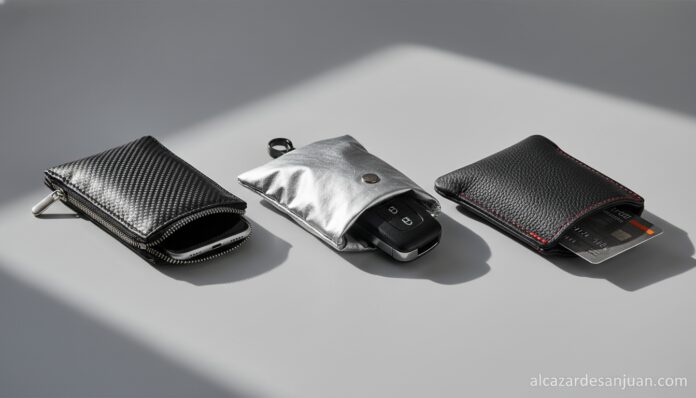 Fundas Faraday para móviles y llaves de coche, cerradas con cremallera, sobre fondo gris